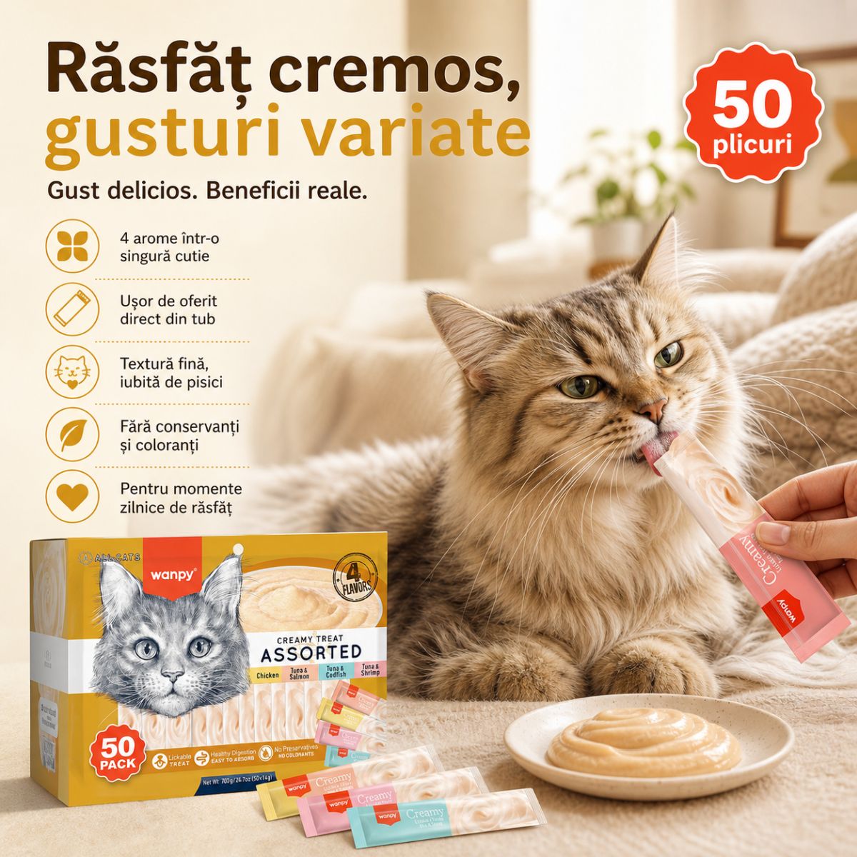 WANPY Creamy Treat Assorted, Pui și Ton, punguță recompense pisici, (piure), 350g